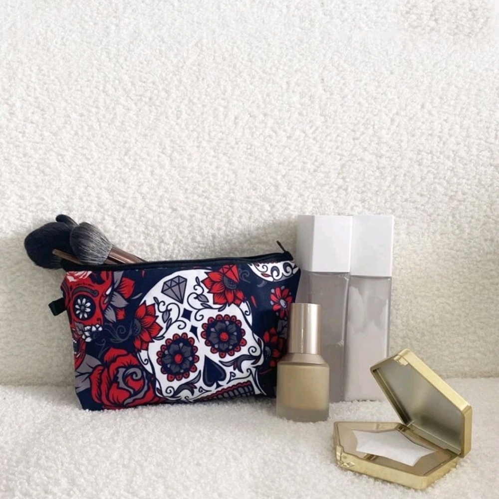 Sugar Skull & Floral Print Cosmetic Travel Bag- 8.5" x 5.5" x 2" - Picture 2 of 12